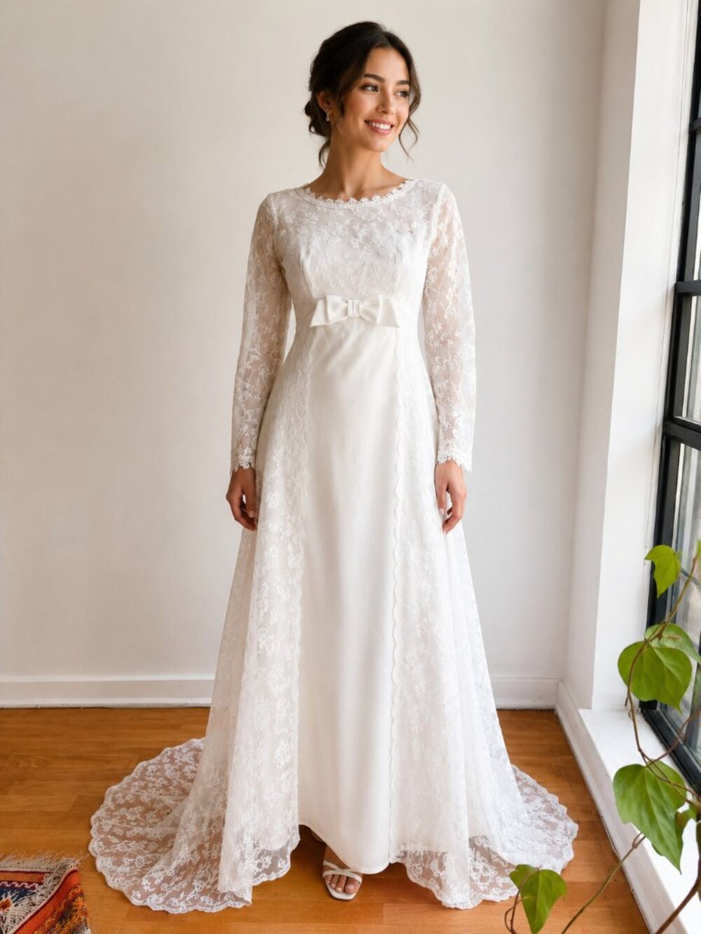 Vintage 50s 60s Lace Detail Train Back Wedding Dress S